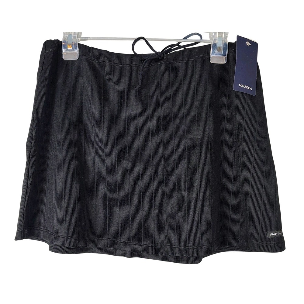Nautica Women Black Ribbed Swim Skirt Drawstring Waist Size L NWT goth beach